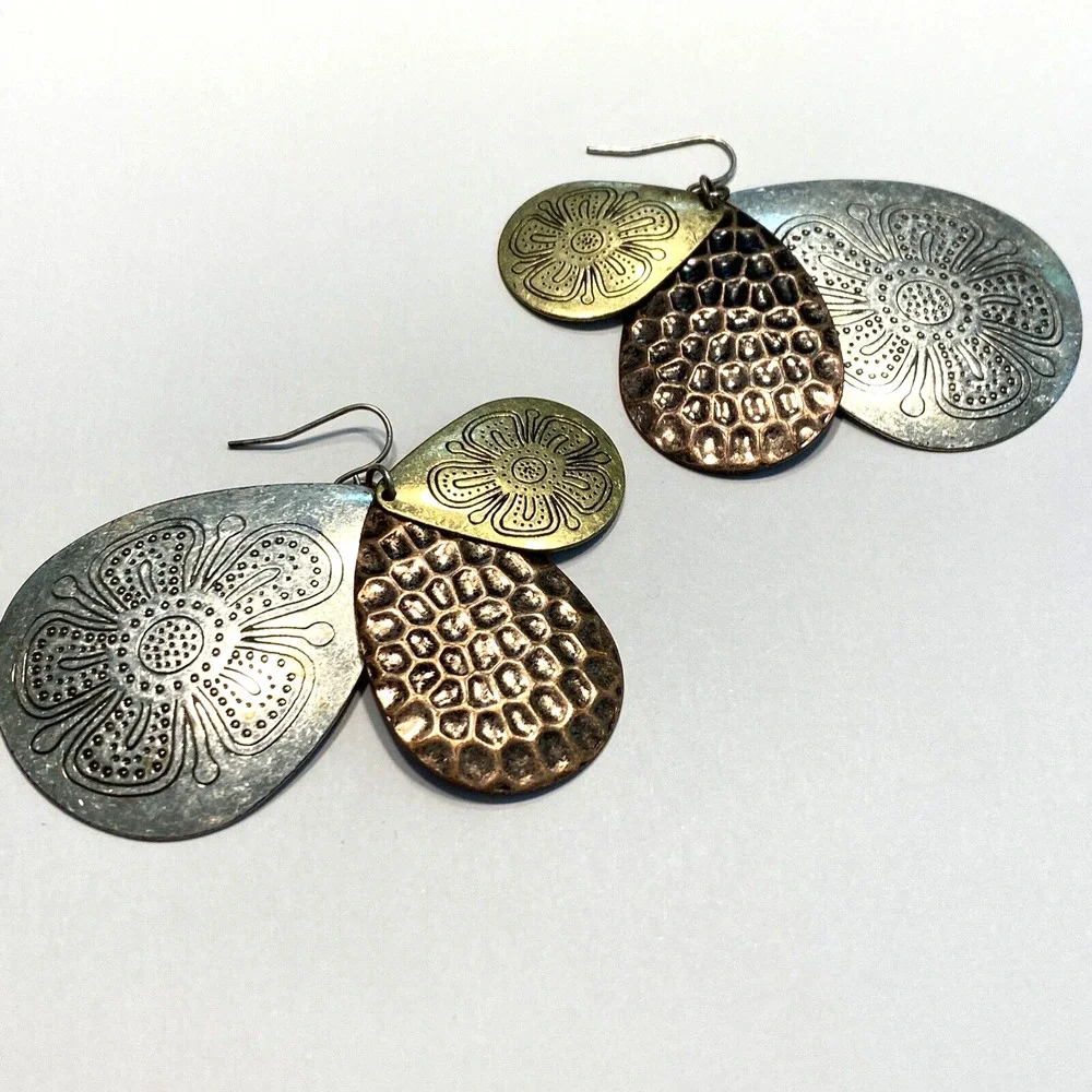 Boho Pierced Earrings Huge Embossed Teardrops Gold Silver Copper Festival Chic